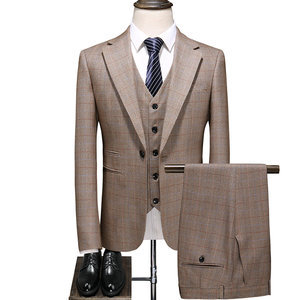 Blazer Set 3 Stücke Hochzeit Anzug Bräutigam Plaid Anzüge Herren