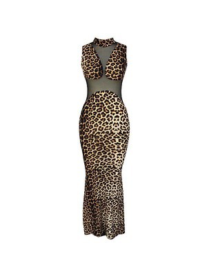 Hülsen Hoher Kragen Elasthan Drucken Leopard Polyester Maxikleid Club Kleider - Bild 3