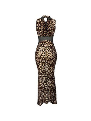 Hülsen Hoher Kragen Elasthan Drucken Leopard Polyester Maxikleid Club Kleider - Bild 4