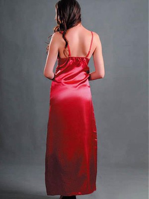 Lange Rot Kleid V-Ausschnitt Satin Elegant Babydoll - Bild 2