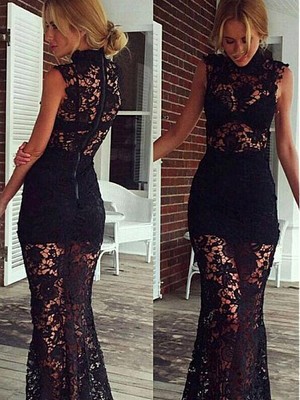 Hohl Spitze Schwarz Maxikleid Blumen Club Kleider - Bild 1