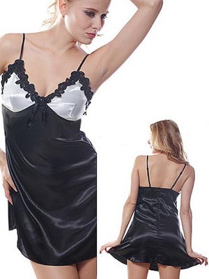 Sexy Satin Schwarz V-Ausschnitt Weiß Babydoll - Bild 1