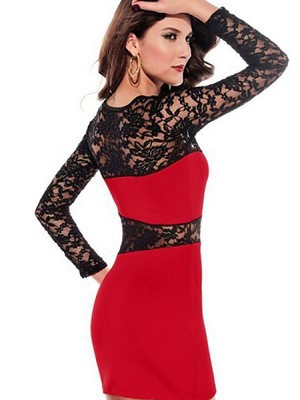 Elasthan Spitze Elegant Polyester Schwarz Juwel Rot Damen Ausschnitt Club Kleider - Bild 2