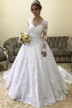 Normale Taille V-Ausschnitt Satin Fabelhaft Langärmeliges Brautkleid mit Applike