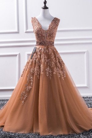 A Linie V-Ausschnitt Beliebt Prinzessin Ärmelloses Ballkleid aus Tüll mit Applike