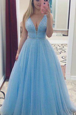 Zauberhaft Ärmelloses Prinzessin A Linie Normale Taille Abendkleid mit Perlen aus Tüll - Bild 2