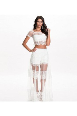 Weiß Mesh Stil Rock Set Schier Spitze Club Kleider