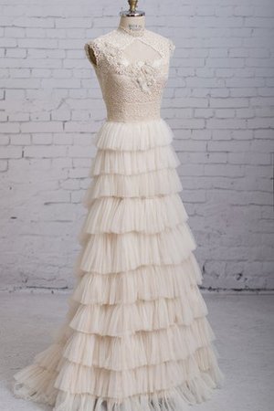A-Linie Geschichtes Bodenlanges Brautkleid mit Blume mit Mehrschichtigen Rüsche