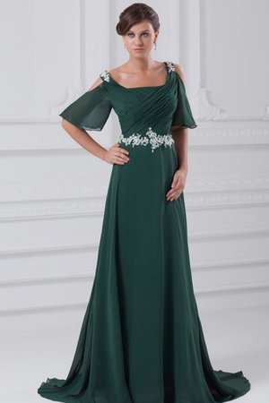 A-Linie Gerüschtes Perlenbesetztes Abendkleid aus Chiffon mit Kurzen Ärmeln