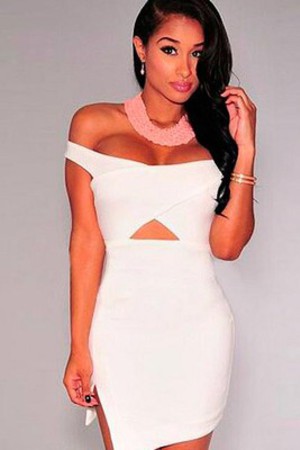 Kleid Ausgeschnitten Mini Sexy Polyester Elasthan Eine Schulter Bodycon Club Kleider