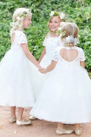 Tüll Getrennt Schaufel-Ausschnitt Wadenlanges Blumenmädchenkleid mit Blume mit Bordüre