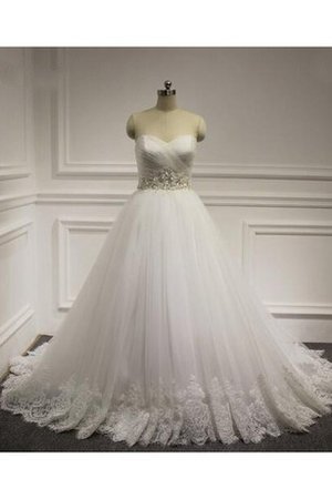 A-Line Perlenbesetztes Ärmelloses Brautkleid aus Tüll aus Satin