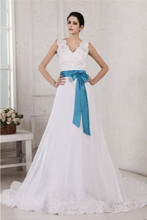 V-Ausschnitt Satin Organza Reißverschluss Brautkleid mit Gürtel