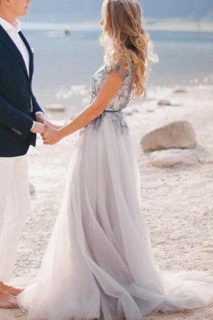 Tüll Sweep Zug Kurze Ärmeln V-Ausschnitt Elegantes Brautjungfernkleid - Bild 2