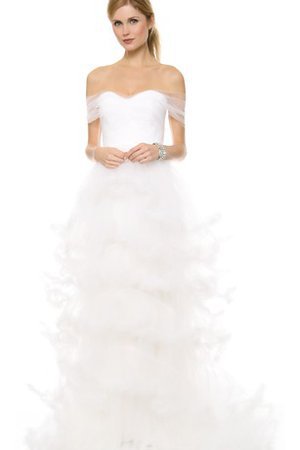 Schulterfreier Ausschnitt A-Line Sweep Zug Brautkleid aus Organza mit Natürlicher Taille - Bild 1