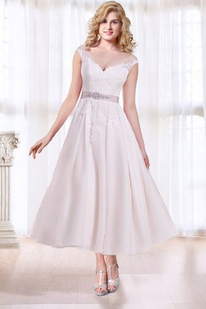 V-Ausschnitt Knöchellanges Luxus Brautkleid mit Knöpfen mit Gekappten Ärmeln