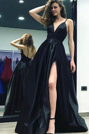 Plissiertes Vorne Geschlitztes Satin Bodenlanges Ballkleid ohne Ärmeln