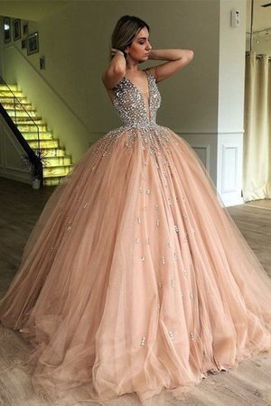 Ärmelloses Perlenbesetztes Single Normale Taille V-Ausschnitt Ballkleid aus Tüll