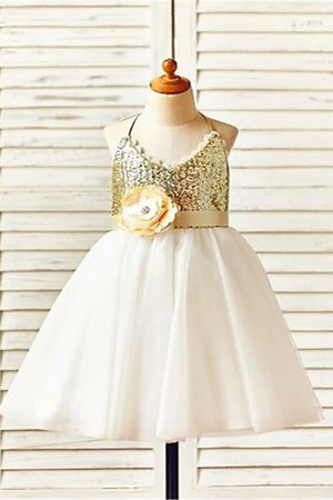 A-Linie Prinzessin Paillettenbesetztes Ärmelloses Blumenmädchenkleid mit Blume - Bild 1