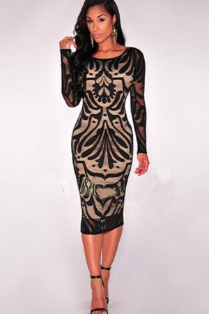 Spitze Bodycon kleider Glamourös Mit langen Ärmeln Frau Scoop Ausschnitt Club Kleider