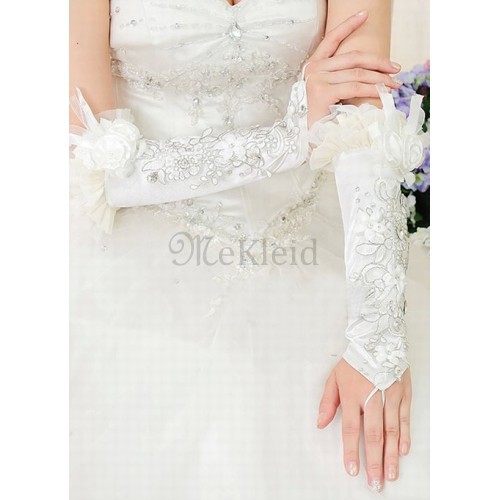 Satin 3D Blumen Weiß Chic|Modern Brauthandschuhe - Bild 1