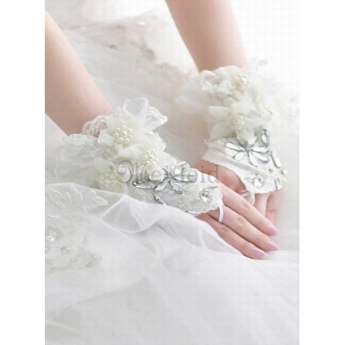 Satin Perlenstickerei Elfenbein Luxuriös Brauthandschuhe