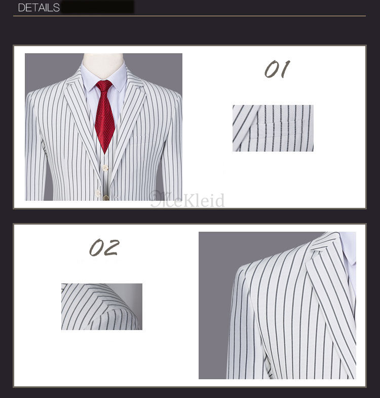 Weiß 3 Stück Striped Print Anzug Business Herren Anzüge Blazer Bräutigam Smoking Anzug