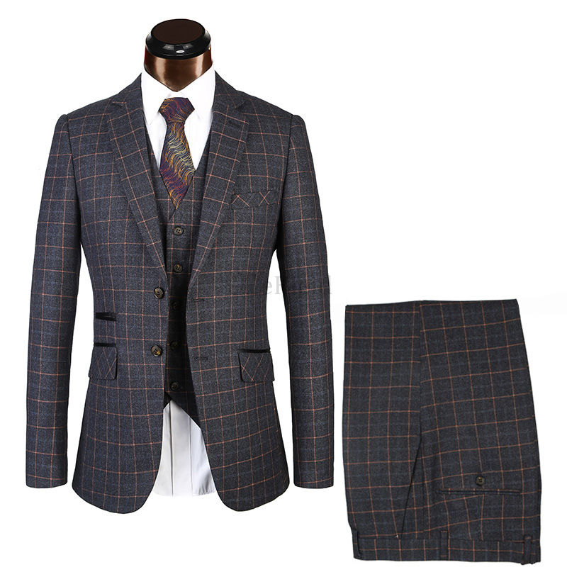 3 Stück Jacke + Hosen + Weste Plaid Anzüge Herren Anzug Plus Größe 56 Herrenanzüge - Bild 1