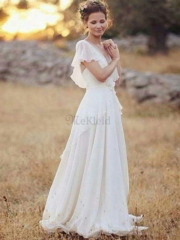 Chiffon Prinzessin Attraktiv A-Line Bodenlanges Brautkleid mit Kurzen Ärmeln