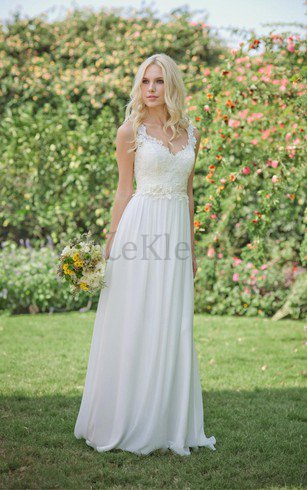 Perlenbesetztes Reißverschluss Romantisches Brautkleid mit Bordüre mit Blume