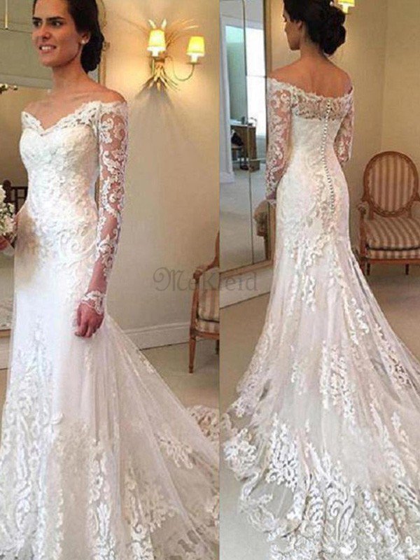 Schulterfrei Meerjungfrau Hinreiend Lange rmeln Brautkleid mit Applike mit Bordre