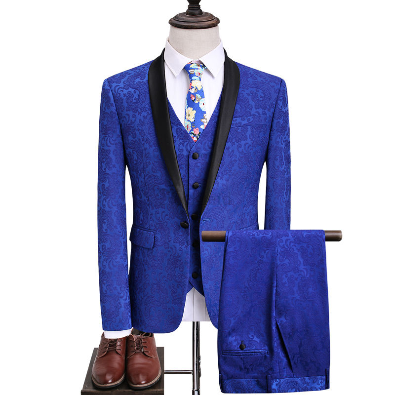 Männer Floral Beste 3 Stück Blau Smoking Blazer Anzüge Schal Revers - Bild 1