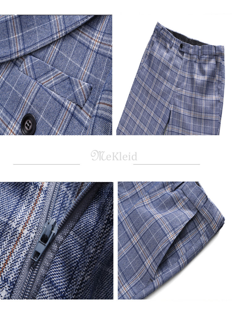 Männer Slim Fit Zweireiher Sommer Herbst 3 Stück Anzug Plaid