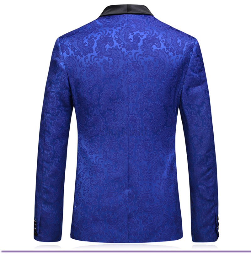 Männer Floral Beste 3 Stück Blau Smoking Blazer Anzüge Schal Revers