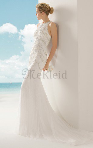Beach Stil Juwel Ausschnitt Ärmellos Sexy Brautkleid mit Applike
