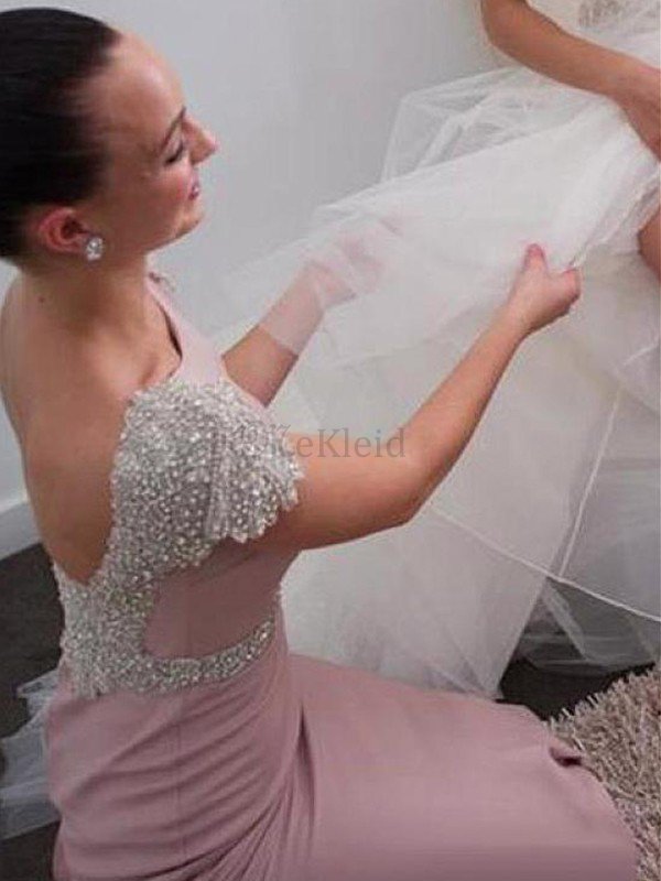 Meerjungfrau Getrennt Bateau Ärmellos Sweep Train Brautjungfernkleid mit Perlen
