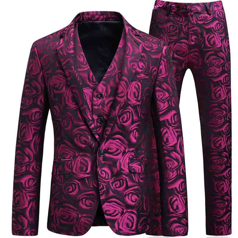 3 Stück Anzug Männer Druck Hochzeit Anzüge Für Männer Luxus Herren Blazer Plus Größe Rose