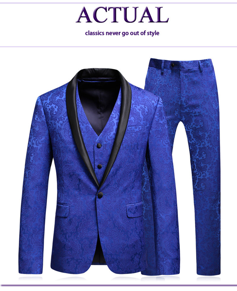 Männer Floral Beste 3 Stück Blau Smoking Blazer Anzüge Schal Revers