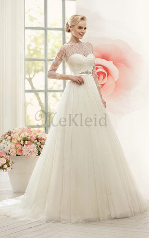 Tüll Klassisches Juwel Ausschnitt Brautkleid mit Knöpfen mit Gekerbten Ausschnitt