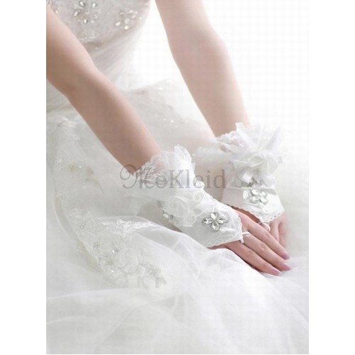 Spitze Mit Kristall Weiß Luxuriös Brauthandschuhe - Bild 3