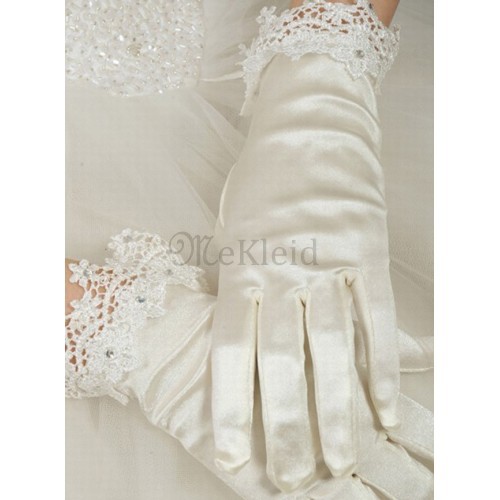 Luxuriös Taft Mit Kristall Weiß Luxuriös Brauthandschuhe