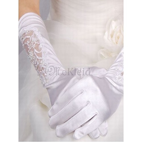 Taft Luxuriös Perlenstickerei Weiß  Brauthandschuhe