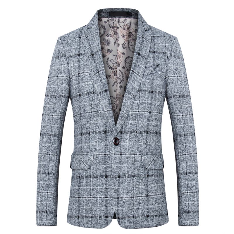 Mode Casual Business Männer Blazer Grau Anzüge Plaid Treffen